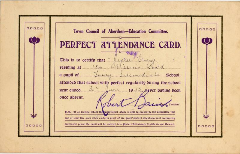 Town Council of Aberdeen Education Committee Perfect Attendance Card