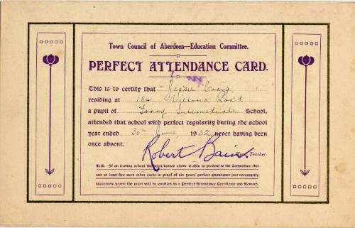 Town Council of Aberdeen Education Committee Perfect Attendance Card