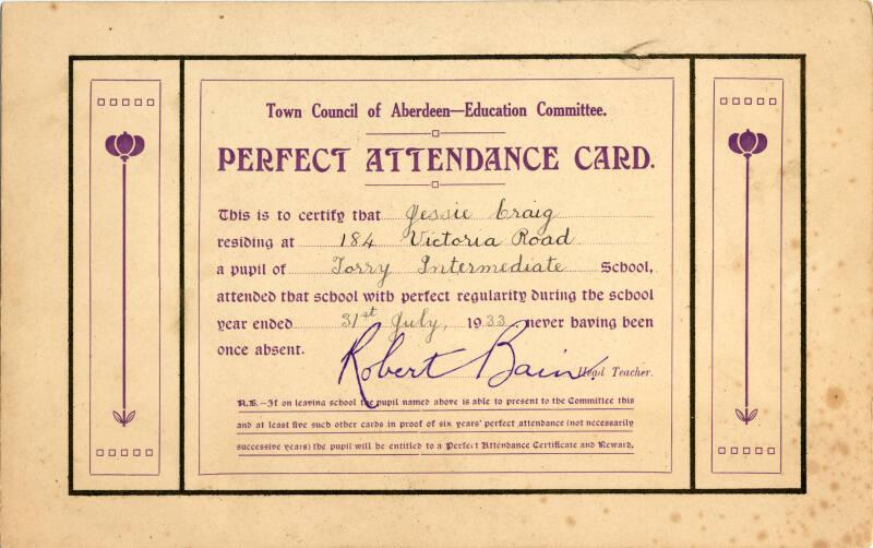 Town Council of Aberdeen Education Committee Perfect Attendance Card