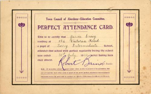 Town Council of Aberdeen Education Committee Perfect Attendance Card