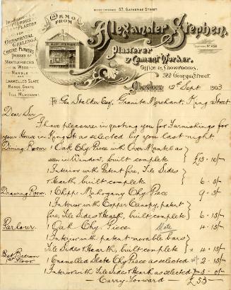 Invoice for Furnishing for House on King Street from Alexander Stephen, Plasterer and Cement Worker