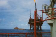 Colour photograph of Murchison Platform with boom flaring