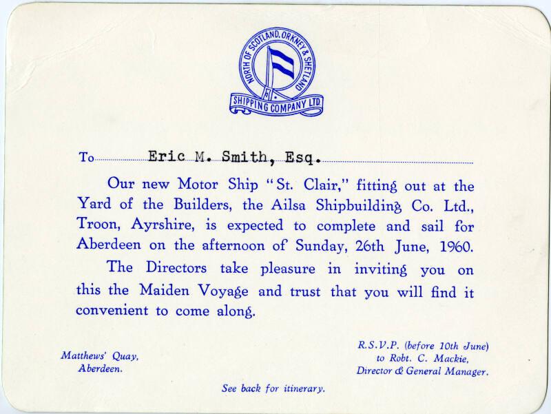 Invitation to Eric M Smith to the Maiden Voyage of St. Clair