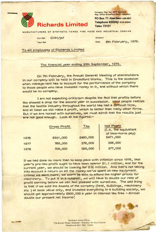 Letter to All Employees of Richards Limited, Aberdeen