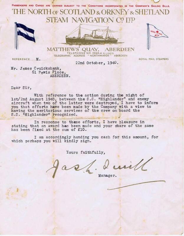 Letter to James Cruickshank from North Boats Company re. award for Meritorious Services on boar…