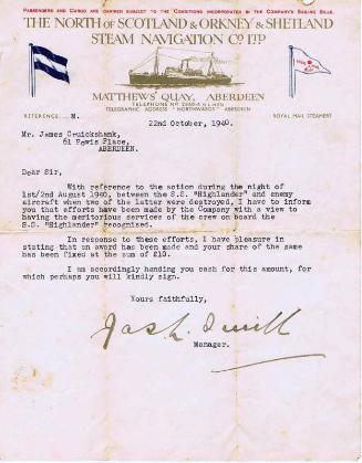 Letter to James Cruickshank from North Boats Company re. award for Meritorious Services on boar…