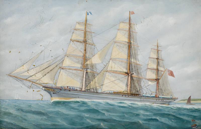 An Unidentified Three Masted Sailing Ship At Sea, Port Side View