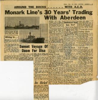 Newspaper Clipping From the Evening Express Featuring Several Articles Relating to Aberdeen Dock's and Ships.