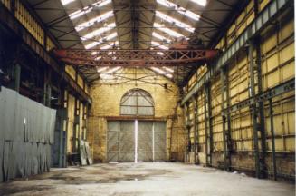 Photograph of the interior of the shipbuilding sheds prior to demolition at Hall Russell's