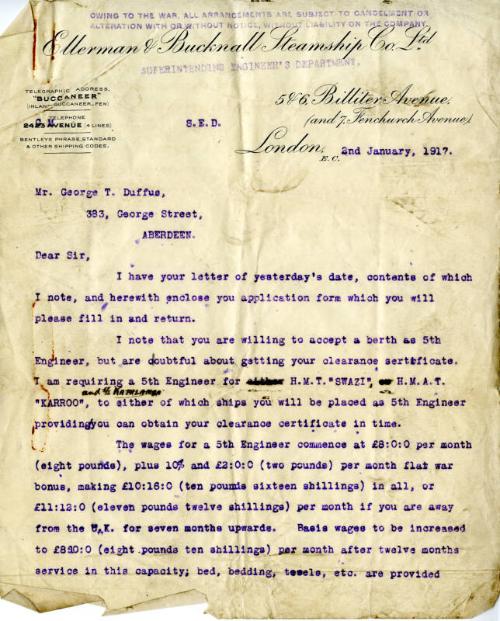 Letter from Ellerman & Bucknall Steamship Co. Ltd to George T Duffus re application for employm…