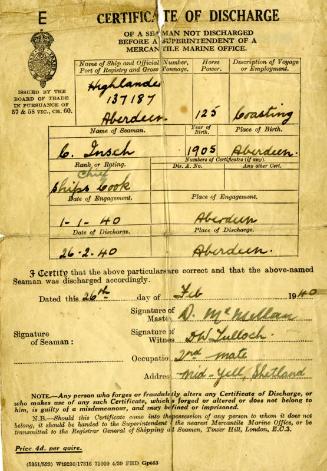 Certificate of Discharge Charles Insch from SS Highlander