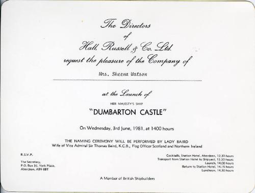 HMS Dumbarton Castle Launch Invitation