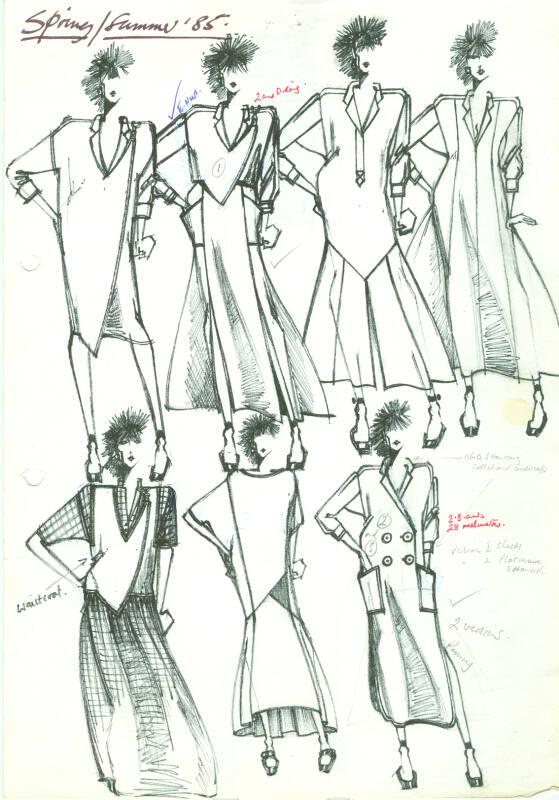 Multidrawing of Coats, Tops, Skirts and Dresses for Spring/Summer 1985 Collection