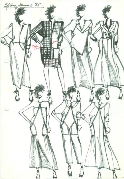 Multidrawing of Jackets, Skirts, Dresses and a Trouser Outfit for Spring/Summer 1985 Collection