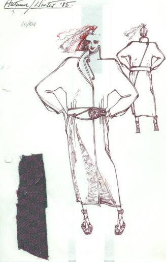 Drawing of Coat for Autumn/Winter 1985 'Bronze Age' Collection with Fabric Swatch