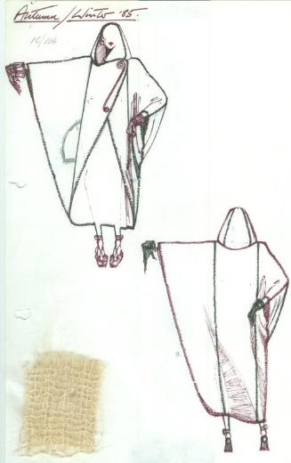 Drawing of Coat from the Autumn/Winter 1985 'Bronze Age' Collection with Fabric Swatch