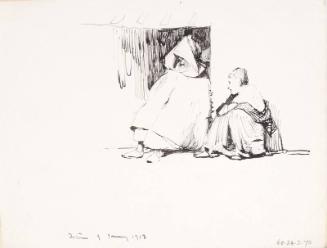 Two Men Seated, one Wearing a hooded Cloak