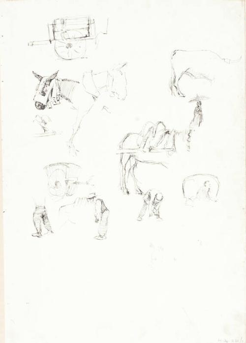 Sketches of Men and Fragments of Carts, Oxen and Horses & Verso: Statue and Grove of Trees