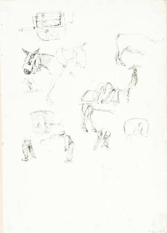 Sketches of Men and Fragments of Carts, Oxen and Horses & Verso: Statue and Grove of Trees