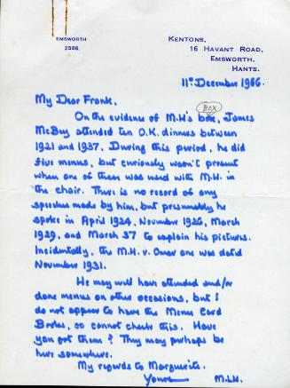 Correspondence from "M.L.H" to "Frank", Portfolio of Menu Cards and Letters Relating to the Khayyam Club