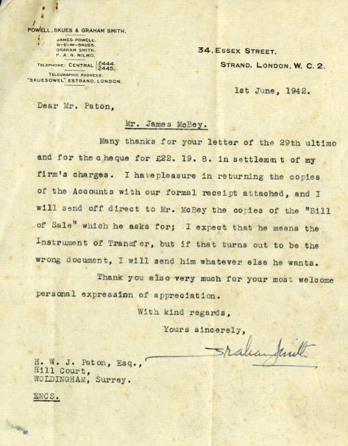 Letter by Graham Smith to H.W.J. Paton, 1st June 1942