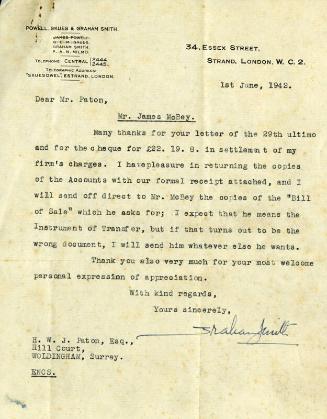 Letter by Graham Smith to H.W.J. Paton, 1st June 1942