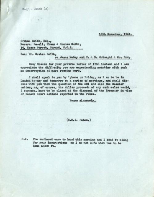 Letter by H.W.J. Paton to Graham Smith, 19th November, 1941