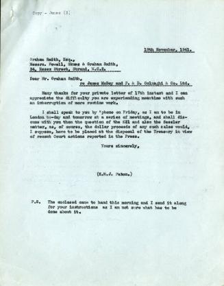 Letter by H.W.J. Paton to Graham Smith, 19th November, 1941