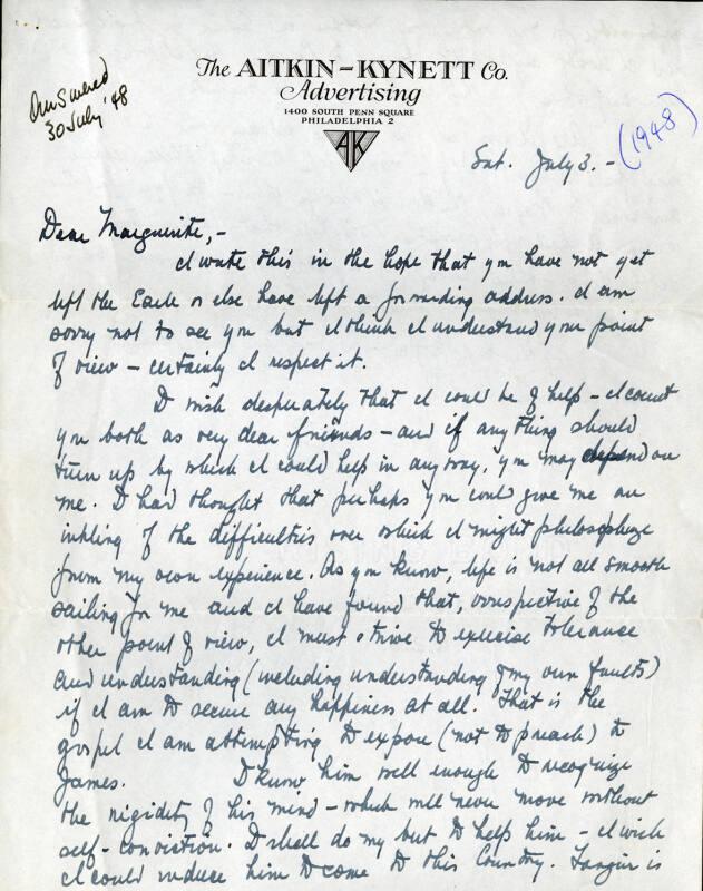 Correspondence from Dr. H.H. Kynett to Marguerite McBey