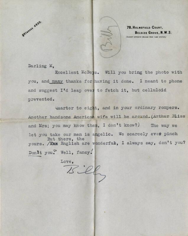 Letter from Billy Turner to James McBey (Letters and Memorabilia Belonging to James McBey)