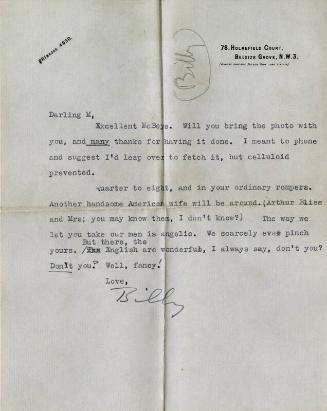 Letter from Billy Turner to James McBey (Letters and Memorabilia Belonging to James McBey)