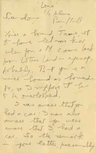 Letter from Billy Turner to James McBey (Letters and Memorabilia Belonging to James McBey)