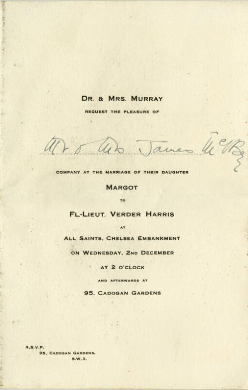 Wedding Invitation from Margot Murray to James and Marguerite McBey (Letters and Memorabilia Belonging to James McBey)