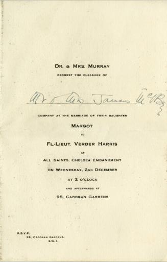 Wedding Invitation from Margot Murray to James and Marguerite McBey (Letters and Memorabilia Belonging to James McBey)