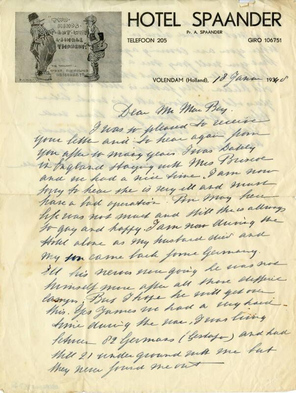 Letter from Alida Spaander to James McBey (Letters and Memorabilia Belonging to James McBey)