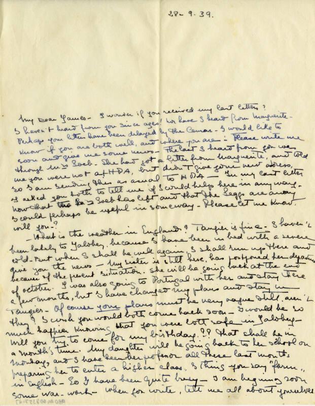 Letter from Clemence Bonnet to James McBey (Letters and Memorabilia Belonging to James McBey)