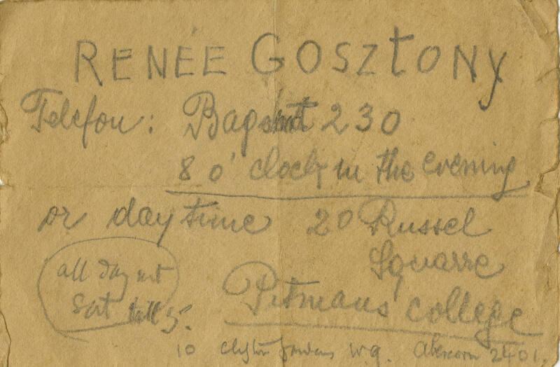 Contact Details for Renee Gosztony (Letters and Memorabilia Belonging to James McBey)