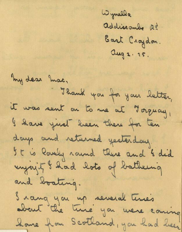 Letter from Wynne Overton to James McBey (Letters and Memorabilia Belonging to James McBey)