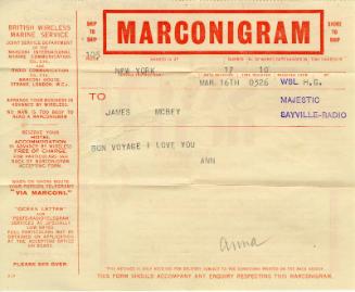 Marconigram from Anna Lee Smyth to James McBey (Letters and Memorabilia Belonging to James McBey)