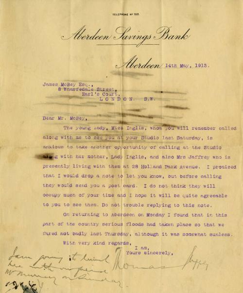 Letter from Aberdeen Savings Bank to James McBey (Letters and Memorabilia Belonging to James McBey)