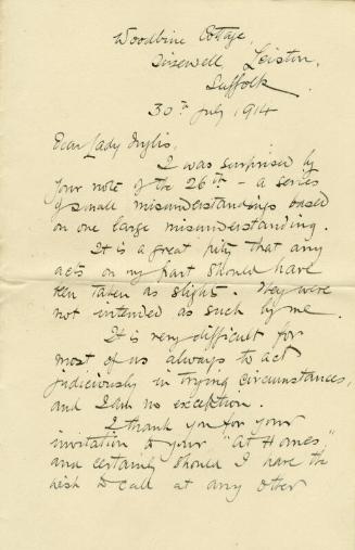 Letter from James McBey to Lady Inglis (Letters and Memorabilia Belonging to James McBey)