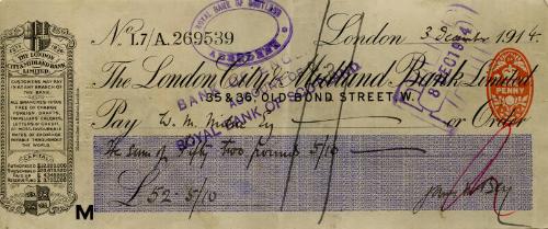 Cheque from James McBey to W. M. Milne (Letters and Memorabilia Belonging to James McBey)