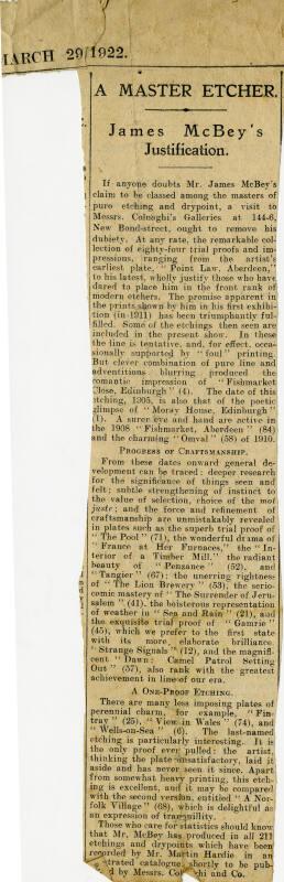 A Master Etcher: James McBey's Justification (Press Cuttings Related to James McBey)
