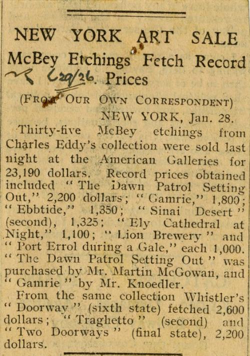 New York Art Sale: McBey Etchings Fetch Record Prices (Press Cuttings Related to James McBey)