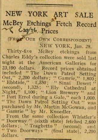 New York Art Sale: McBey Etchings Fetch Record Prices (Press Cuttings Related to James McBey)