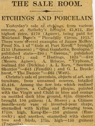 The Sale Room: Etchings and Porcelain (Press Cuttings Related to James McBey)