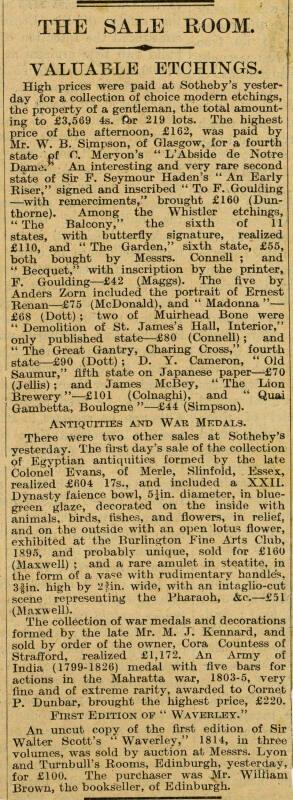 The Sale Room: Valuable Etchings (Press Cuttings Related to James McBey)