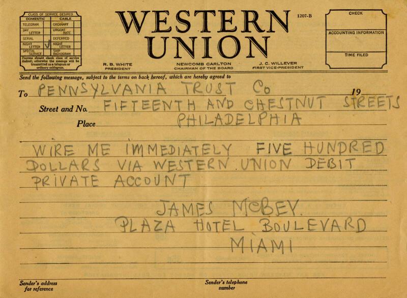 Western Union Telegram from James McBey to the Pennsylvania Trust Company (Legal Documents Belonging to James McBey)