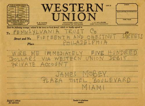 Western Union Telegram from James McBey to the Pennsylvania Trust Company (Legal Documents Belonging to James McBey)