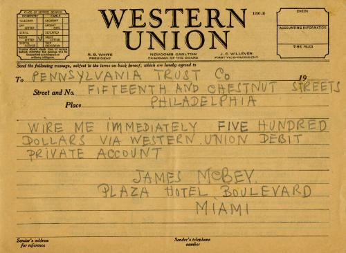 Western Union Telegram from James McBey to the Pennsylvania Trust Company (Legal Documents Belonging to James McBey)